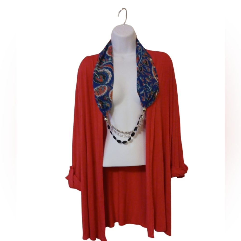 Laura Scott - Long Sleeve Coral Cardigan with Scarf & Attached Beads